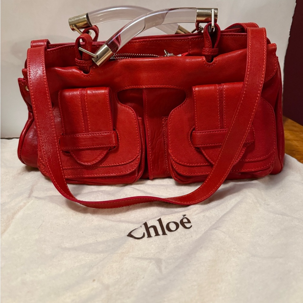 CHLOE BAG SASKIA LEATHER LUCITE SHOULDER PURSE RED